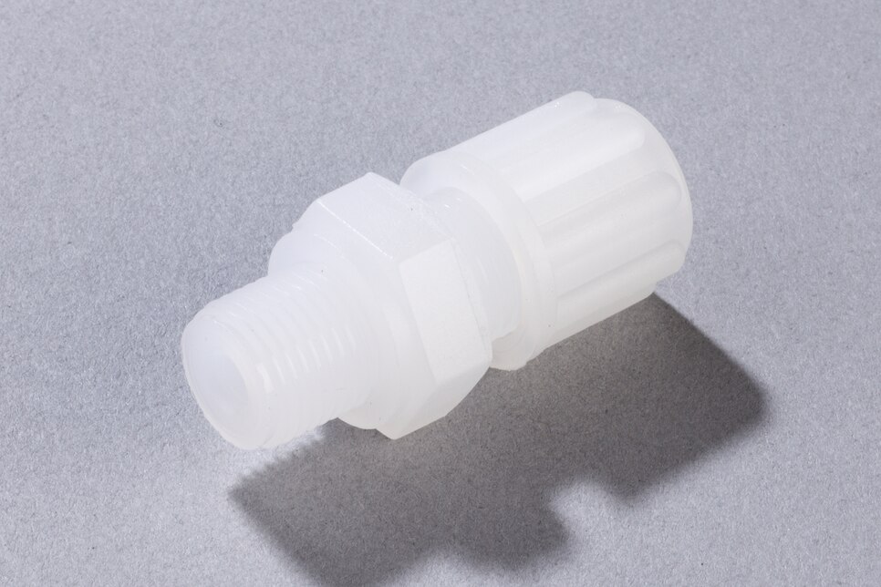 Oblique view of horizontal Straight Male Connector GE PVDF, DN4/6 - G1/8"