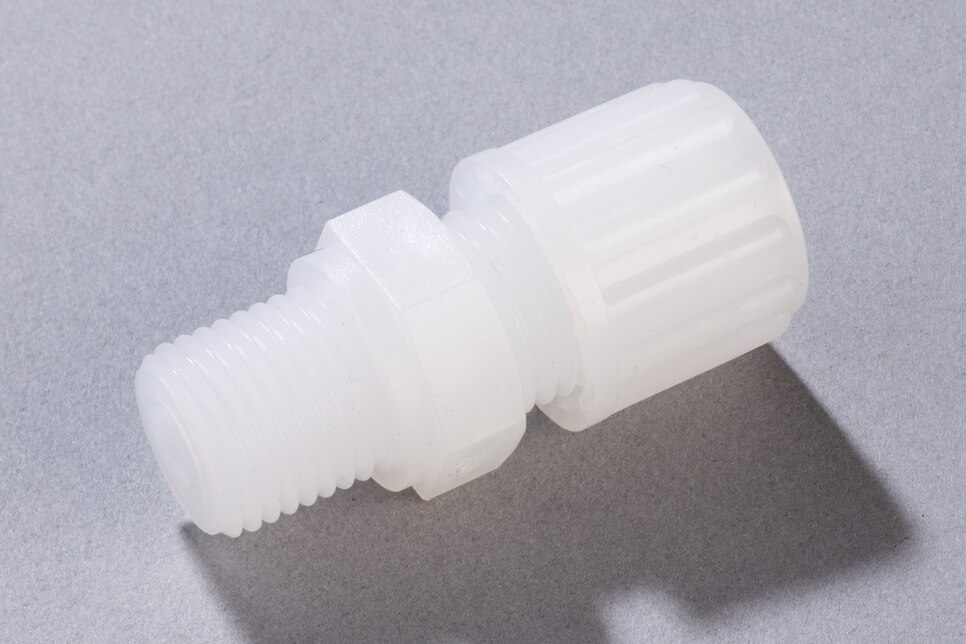 Oblique view of horizontal Straight Male Connector GE PVDF, DN6/8 - G1/4"