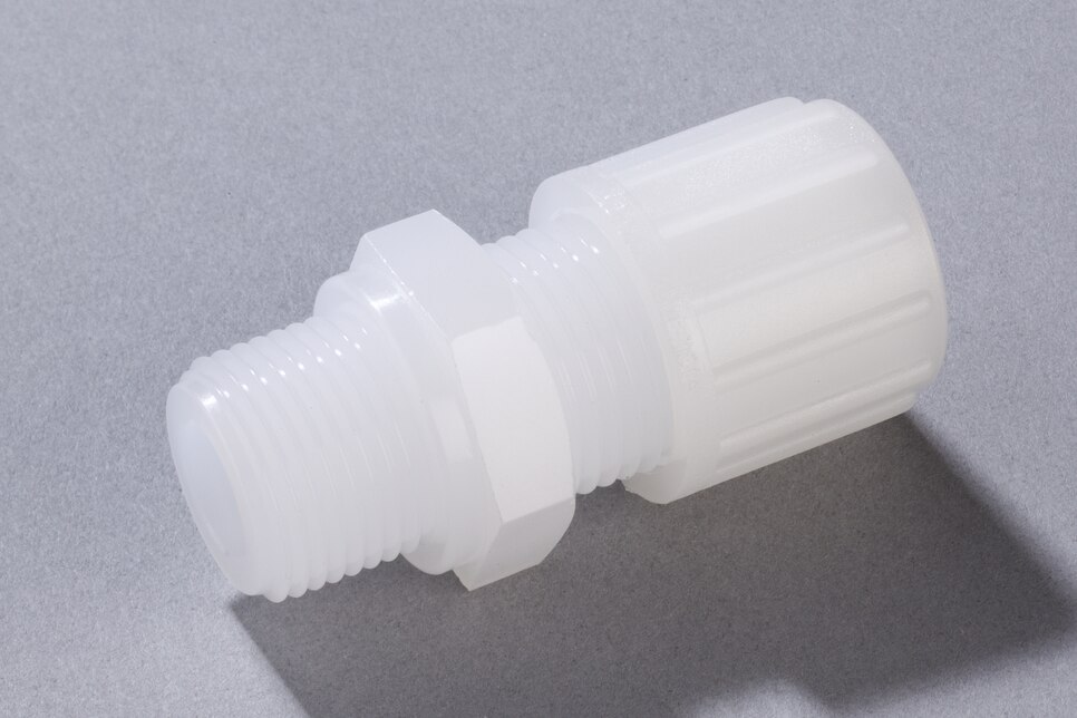 Oblique view of horizontal Straight Male Connector GE PVDF, DN10/12 - G3/8"
