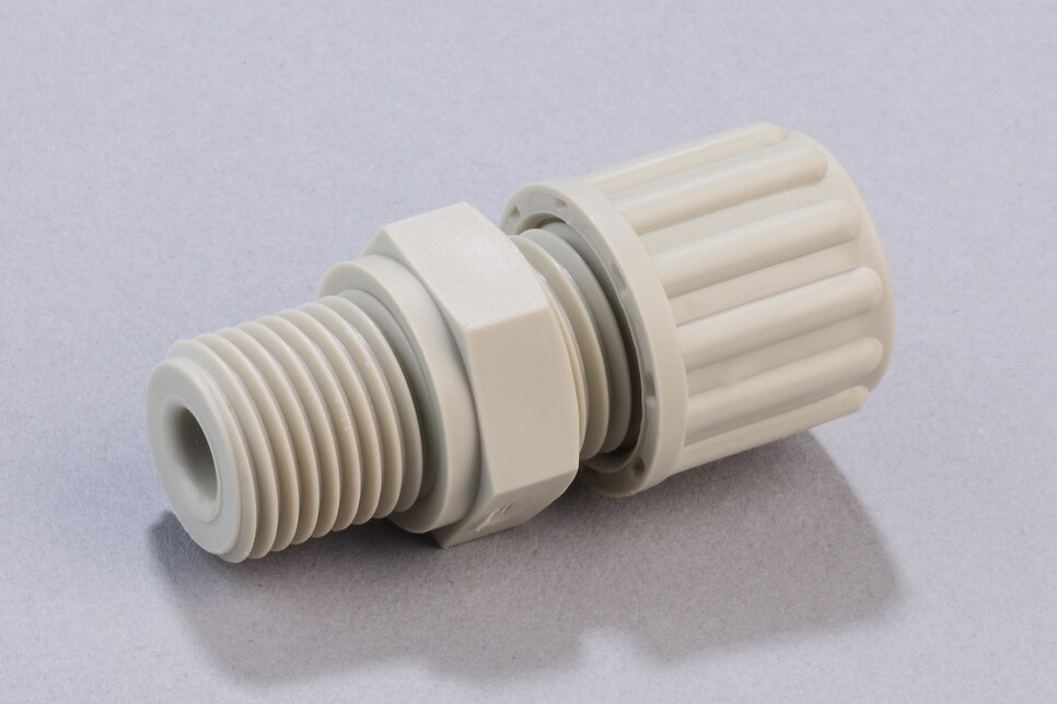 Oblique view of horizontal Straight Male Connector GE PP, DN6/8 - G1/4"