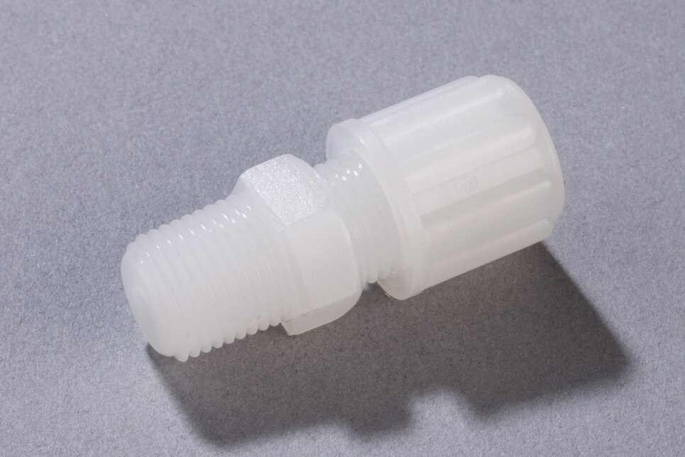 Oblique view of horizontal Straight Male Connector GE PVDF, DN4/6 - NPT1/8"