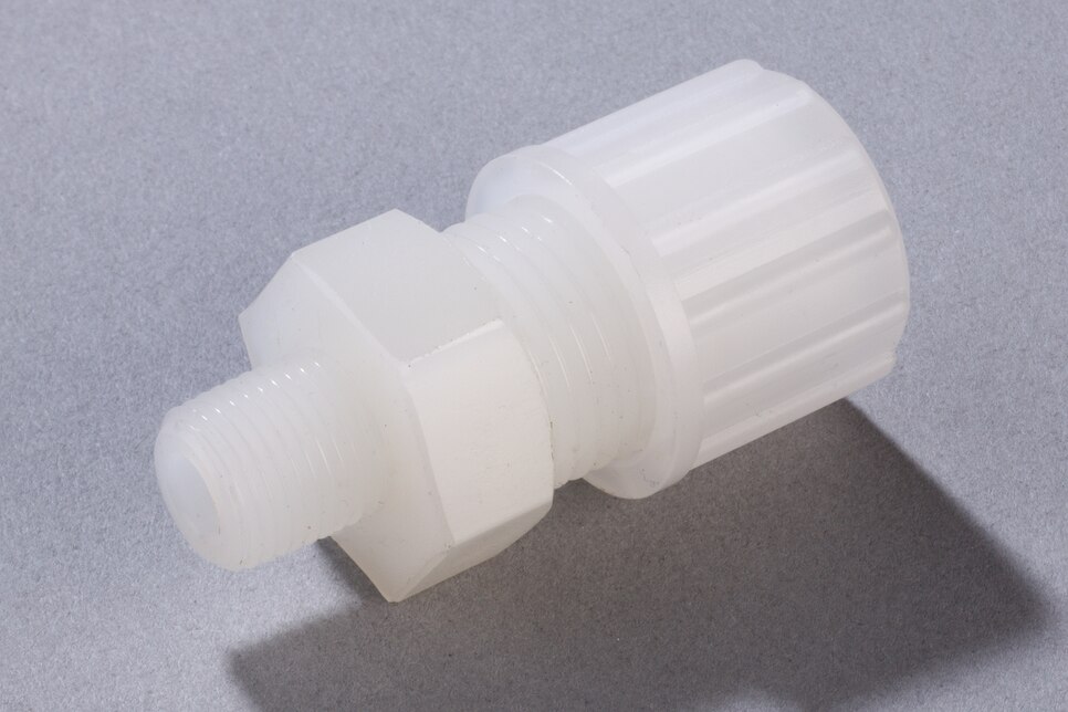 Oblique view of horizontal Straight Male Connector GE PVDF, DN8/10 - NPT1/8"