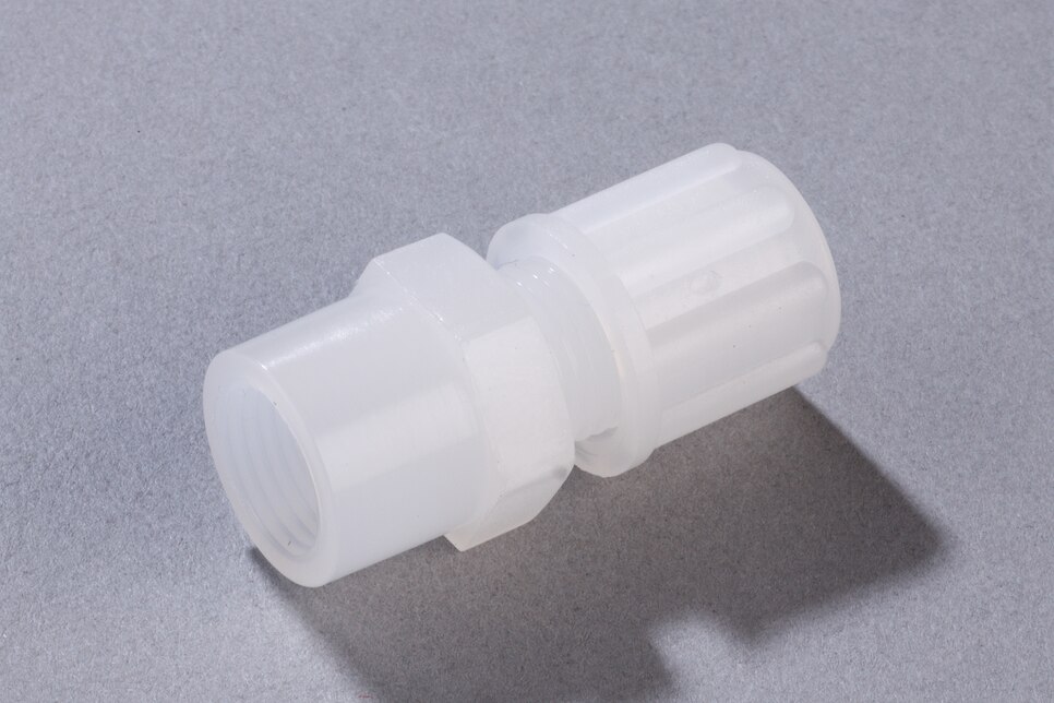 Oblique view of horizontal Straight Female Connector GA PVDF, DN4/6 - G1/8"
